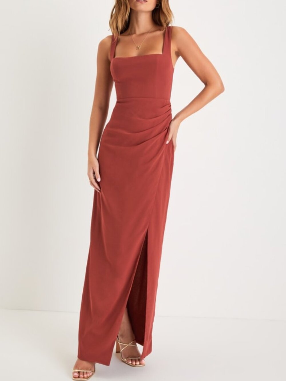 Lulus Glamorous Disposition Rust Ruched Maxi Dress  - Size M in Rust